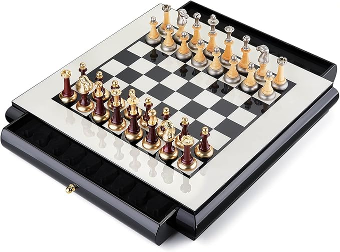 AMEROUS 16 Inches Wooden Chess Set, Large Size Board with 2 Built-in Storage Drawers - 2 Extra Queens - Metallic & Wooden Chess Pieces - Gift Packaging, Board Games for Adults and Kids