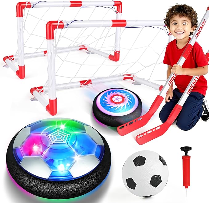 3-in-1 Hover Soccer Ball Set, Including 2 LED Hover Hockey and Soccer Ball Toys, Indoor Red & White Goals, Sports Game Toy, Soccer Gift for 4-8, 8-12 Years Old Boys