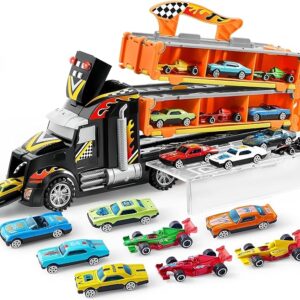 JOYIN Toy Truck for Kids, Race Toy Cars, 60" Extra Long Race Track and 12 Die-Cast Metal Cars, Toddler Carrier Truck with Lights & Sounds, Christmas Birthday Gifts for 2 3 4 5 6 7 Years Old Grandkids