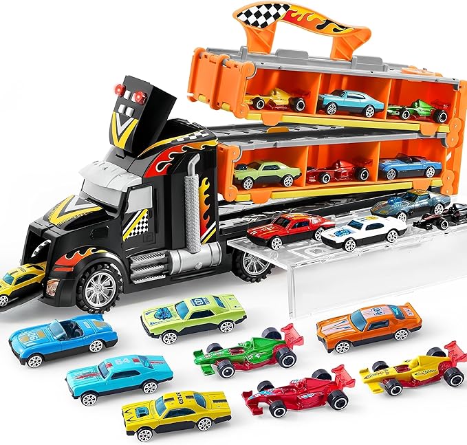 JOYIN Toy Truck for Kids, Race Toy Cars, 60" Extra Long Race Track and 12 Die-Cast Metal Cars, Toddler Carrier Truck with Lights & Sounds, Christmas Birthday Gifts for 2 3 4 5 6 7 Years Old Grandkids
