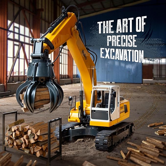 Ruko 1561 RC Excavator 3 in 1 Construction Toys for Boys, 17 Channel Remote Control Vehicles with Grab Alloy Shovel Drill, Realistic Lights & Sounds Digger Sandbox Gifts for 6-14 Years Kids Adults