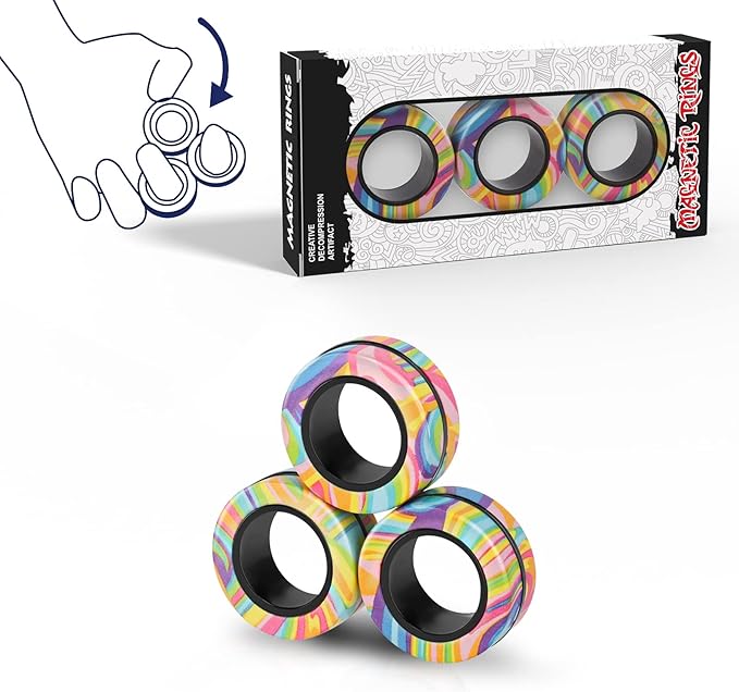 Magnetic Rings Fidget Toy Set, Idea ADHD Fidget Toys, Adult Fidget Magnets Spinner Rings for Anxiety Relief Therapy, Fidget Pack Great Gift for Adults Teens Kids