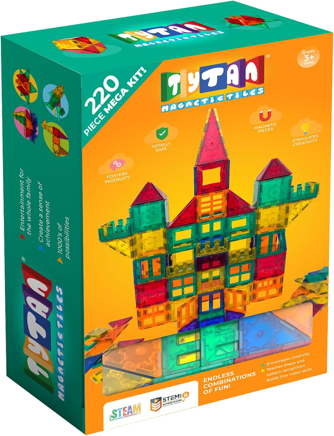 Tytan TILES 220-Piece SUPERSIZED Magnetic Tiles Building Set, 1000s of Creations, Large 3D Castles,