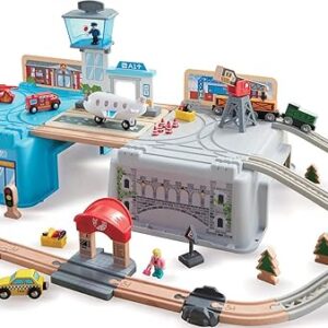 Hape Super Cityscape Transport Bucket Set | Wooden Toy Train Set with City Scenes, Plane, Battery-Powered Engine, for Children 3+ Years