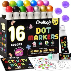 Chalkola 16 Washable Dot Markers for Toddlers | w/ 50 Page Coloring Activity Book Kit, Bingo Daubers | Preschool Paint Dot Art Set - Toddler Painting Craft and Art Supplies for Kids Ages 1, 2, 3, 4 5